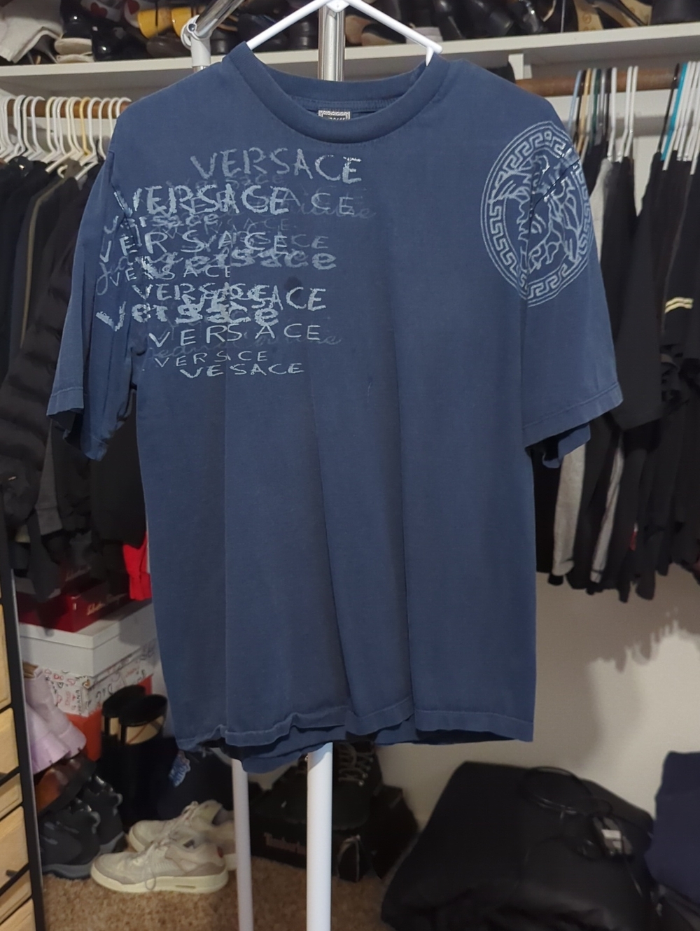 Authentic Versace Dark Blue Repeated Logo Short Sleeve Tee Size M